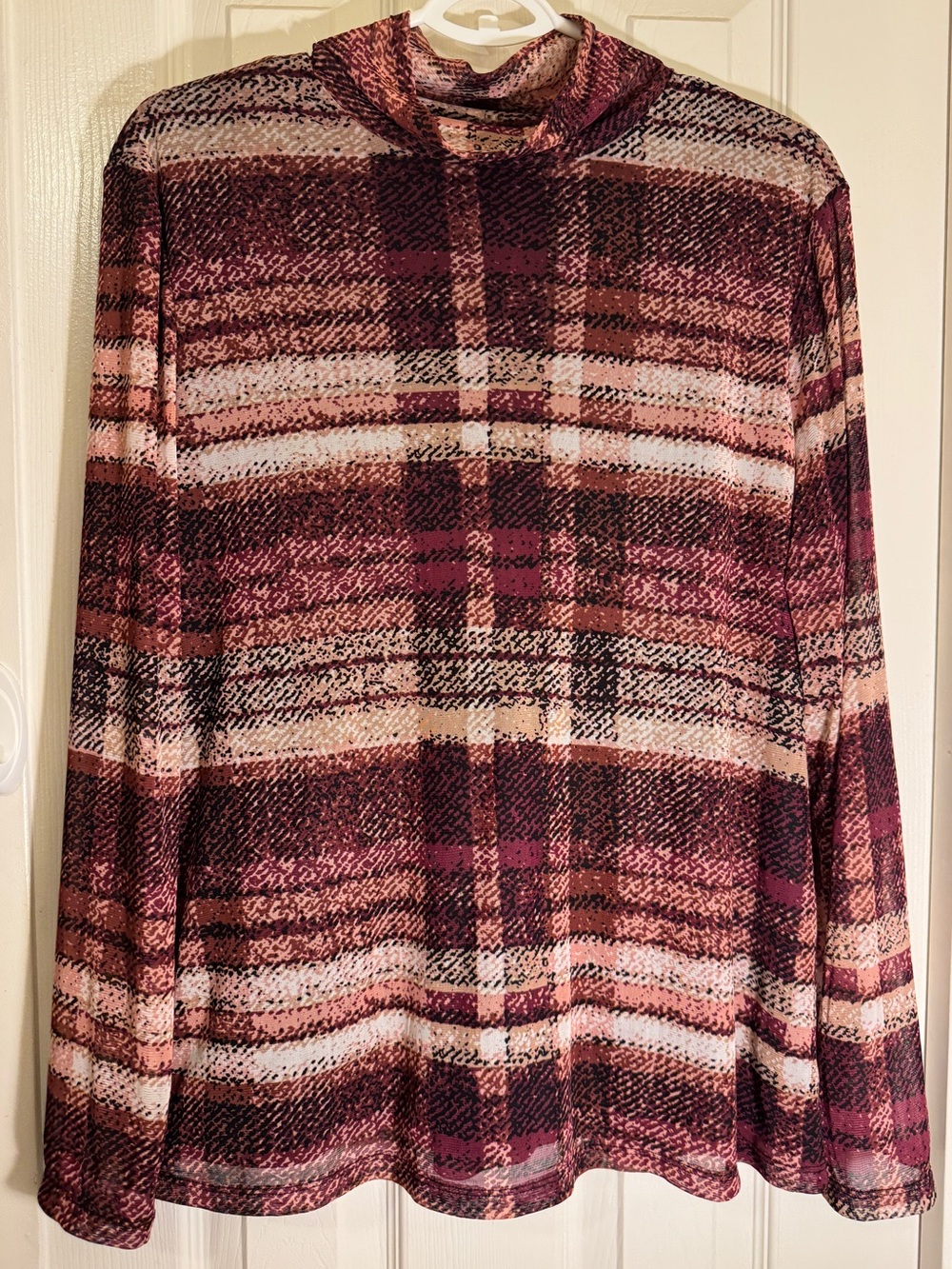 BarIII Long Sleeve Mock Neck Top in Burgundy, Cream and Black